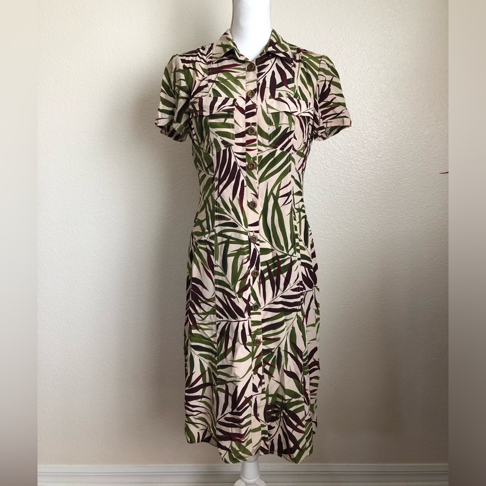 Oscar de la Renta Tropical Leaf Print Shirt Dress Jungle buttons Safari floral